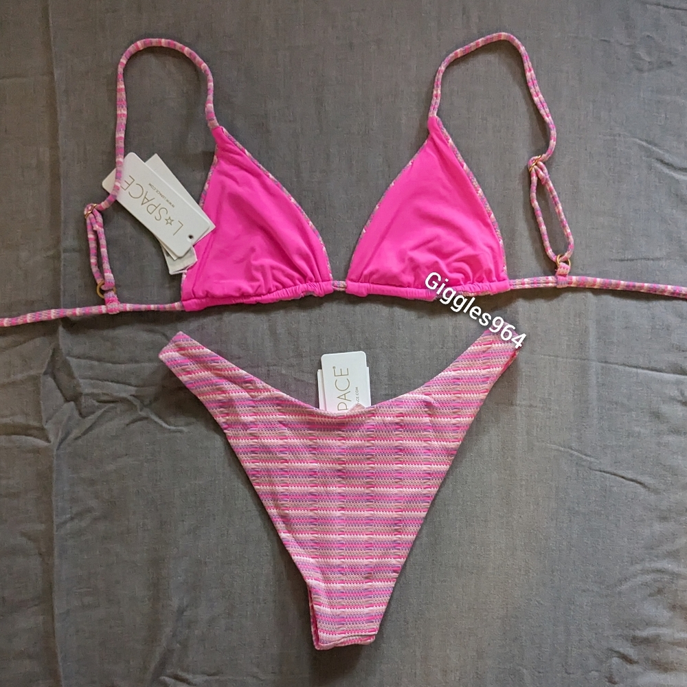L*Space Brittany Cabana Bikini Set Electric Pique Pink Striped - Picture 3 of 8